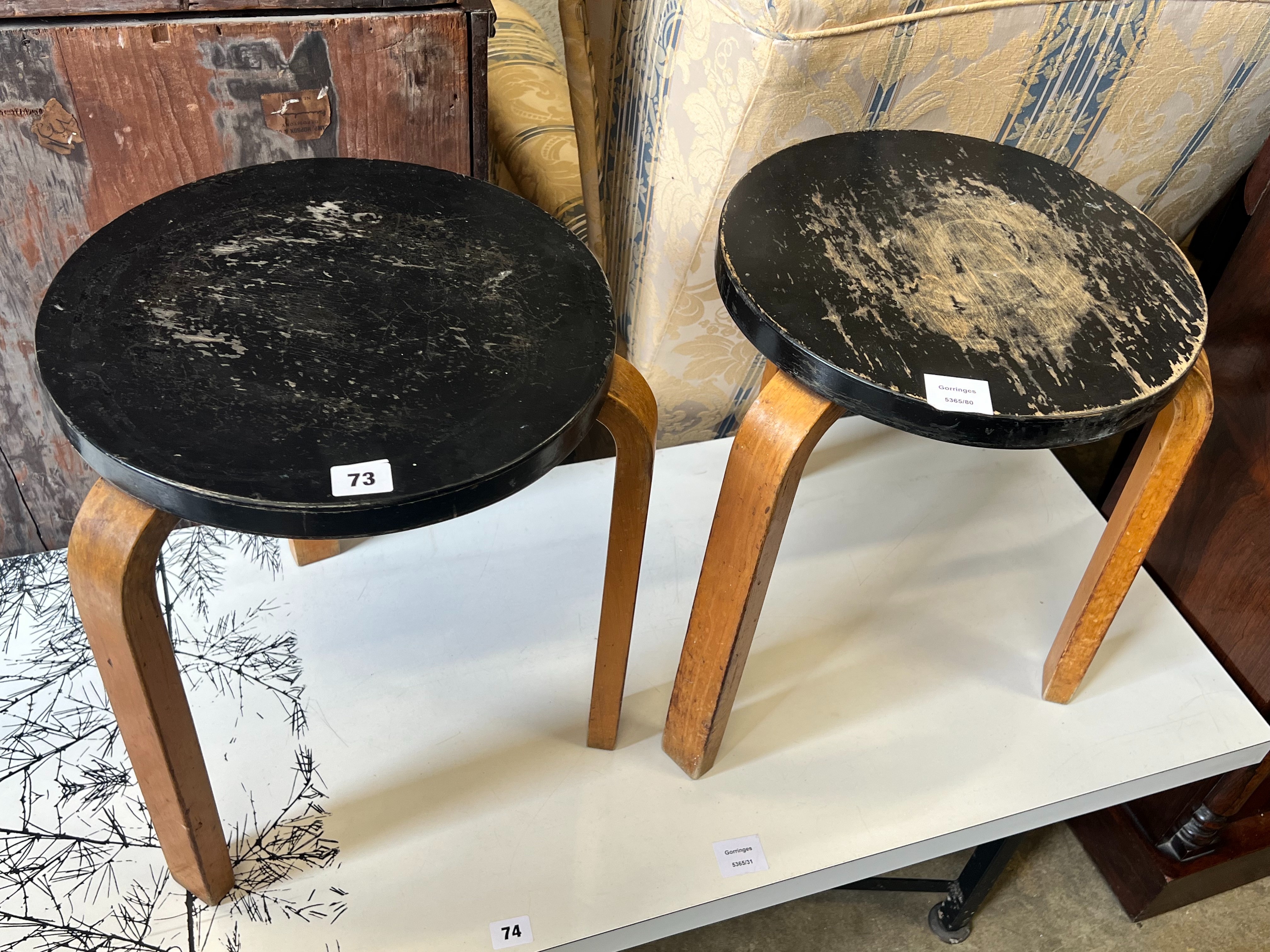 A pair of Finmar? Alvar Aalto stools, diameter 35cm height 44cm